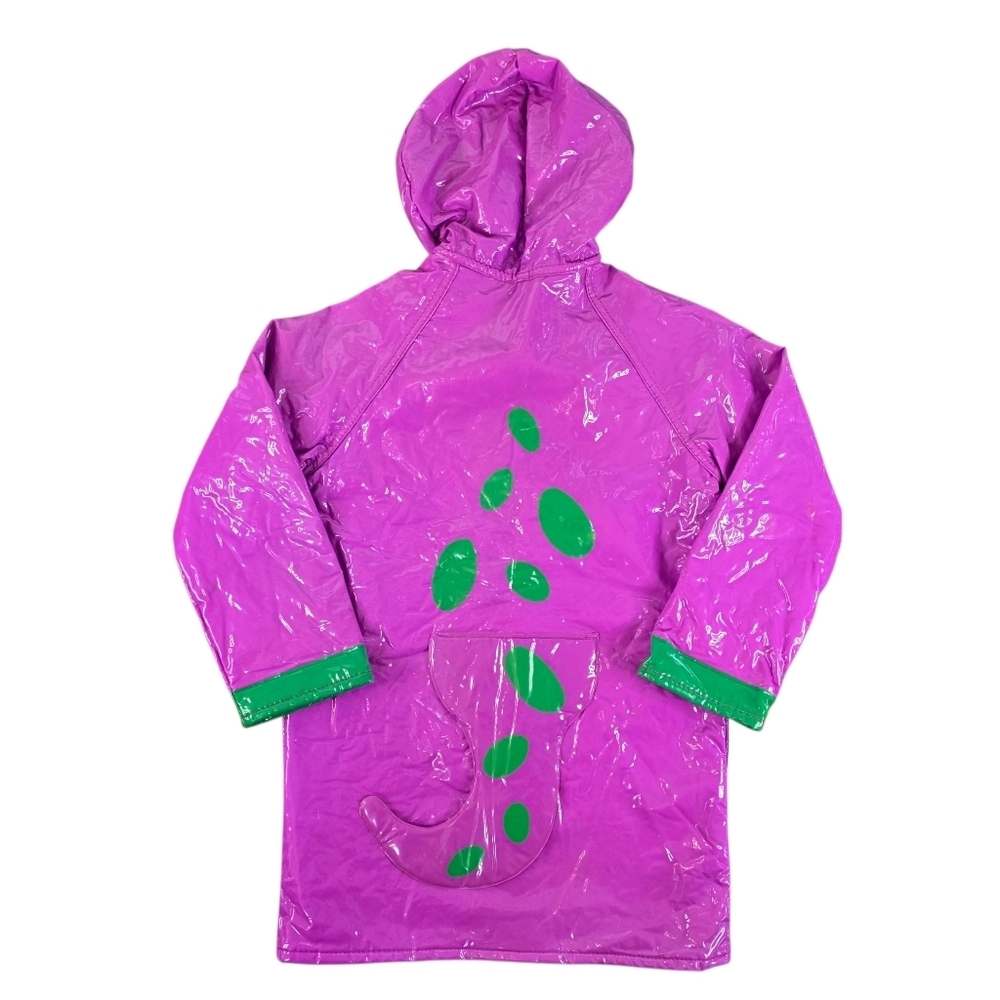 Vintage 90s Barney Dinosaur Kids Raincoat Hooded Purple PVC Jacket Costume - Picture 12 of 16